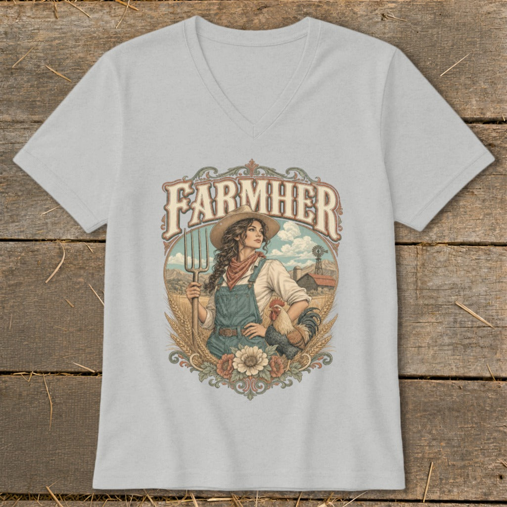 Graphic design of a woman farmer holding a pitchfork with a rooster and farm scene.