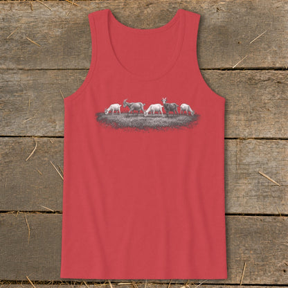 Red tank top with a graphic of five goats grazing in a line on grass.