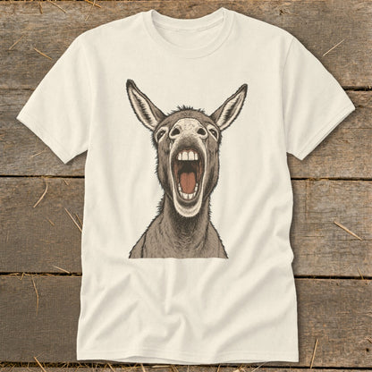 Cream t-shirt with a drawing of a donkey with its mouth wide open.