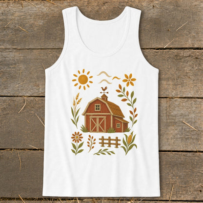 White tank top with a red barn graphic and farm-themed decorations.