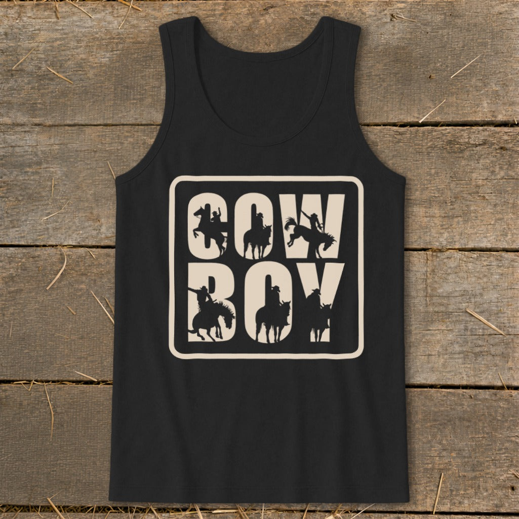 Black tank top with beige "COW BOY" text and cowboy riding horse silhouettes.