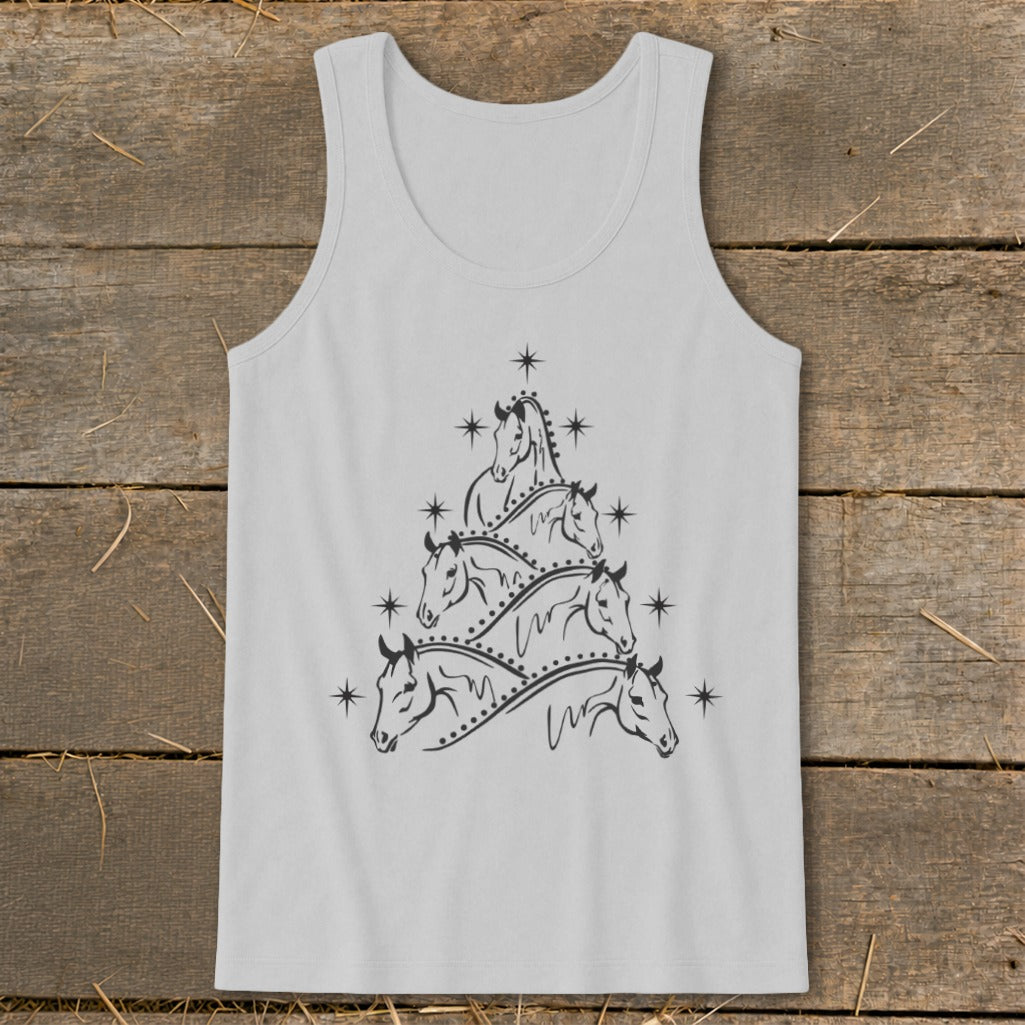 Light gray tank top with a black horse head Christmas tree graphic.