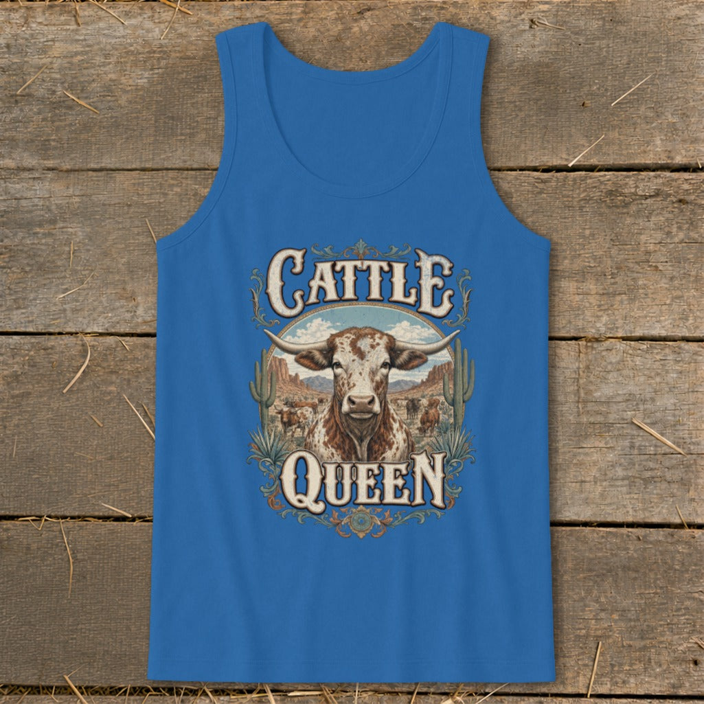 Blue tank top with "Cattle Queen" text and a longhorn bull in a desert landscape.