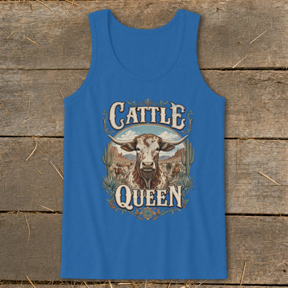 Blue tank top with "Cattle Queen" text and a longhorn bull in a desert landscape.