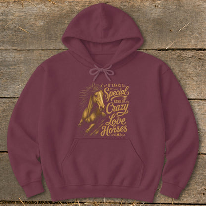 Maroon hoodie with a distressed golden horse graphic and text "It takes a special kind of crazy to love horses."