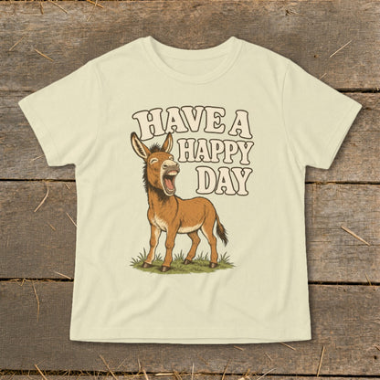 Cream t-shirt with cartoon donkey and text "HAVE A HAPPY DAY."