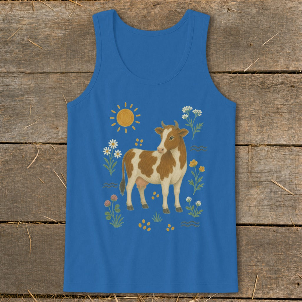 Blue tank top with a brown and white cow, sun, and flowers graphic.