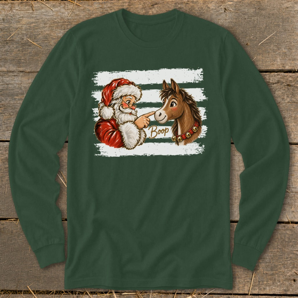 Santa booping a horse with the text "Boop" on a dark green long sleeve shirt.