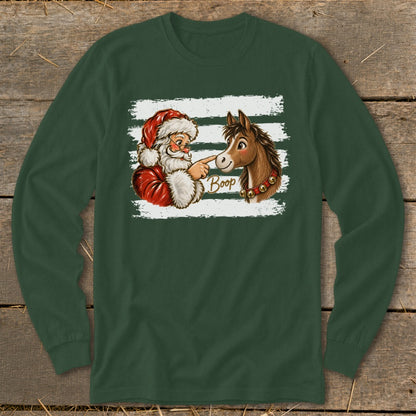 Santa booping a horse with the text "Boop" on a dark green long sleeve shirt.