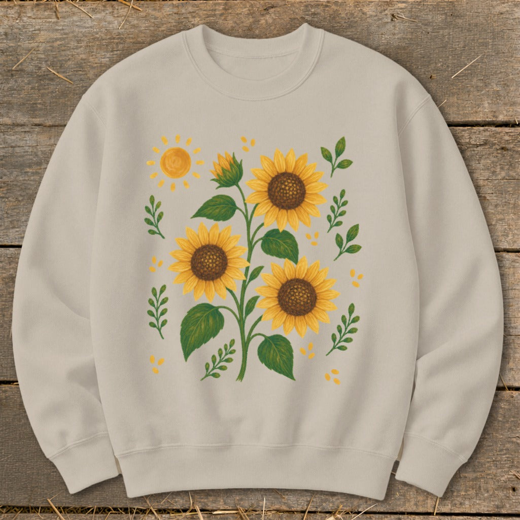 Light beige sweatshirt with a watercolor sunflower and sun graphic.