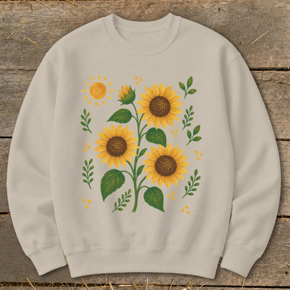 Light beige sweatshirt with a watercolor sunflower and sun graphic.