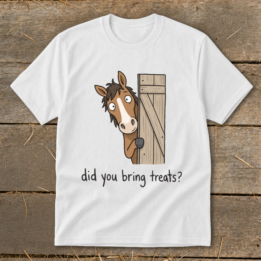 White t-shirt with cartoon horse peeking from behind a wooden door, text "did you bring treats?".