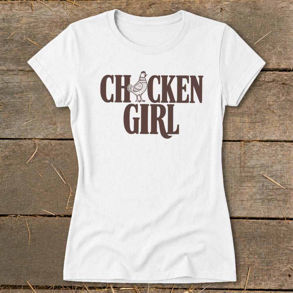 White t-shirt with "CHICKEN GIRL" text and a chicken graphic.