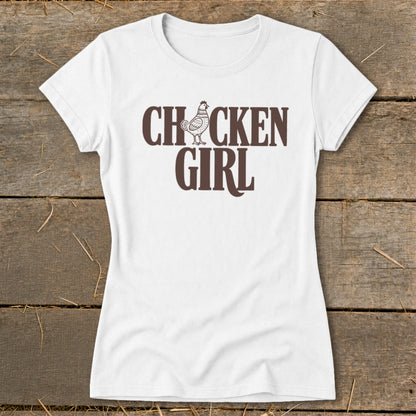White t-shirt with "CHICKEN GIRL" text and a chicken graphic.