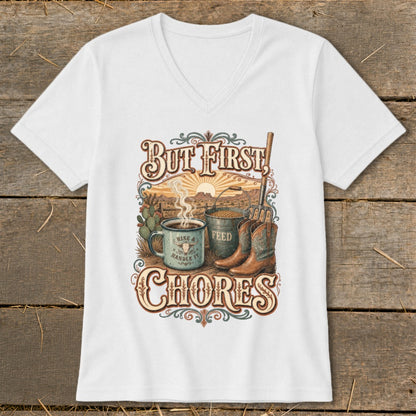 White t-shirt graphic with "But First, CHORES" text, coffee mug, feed bucket, boots, and shovel.