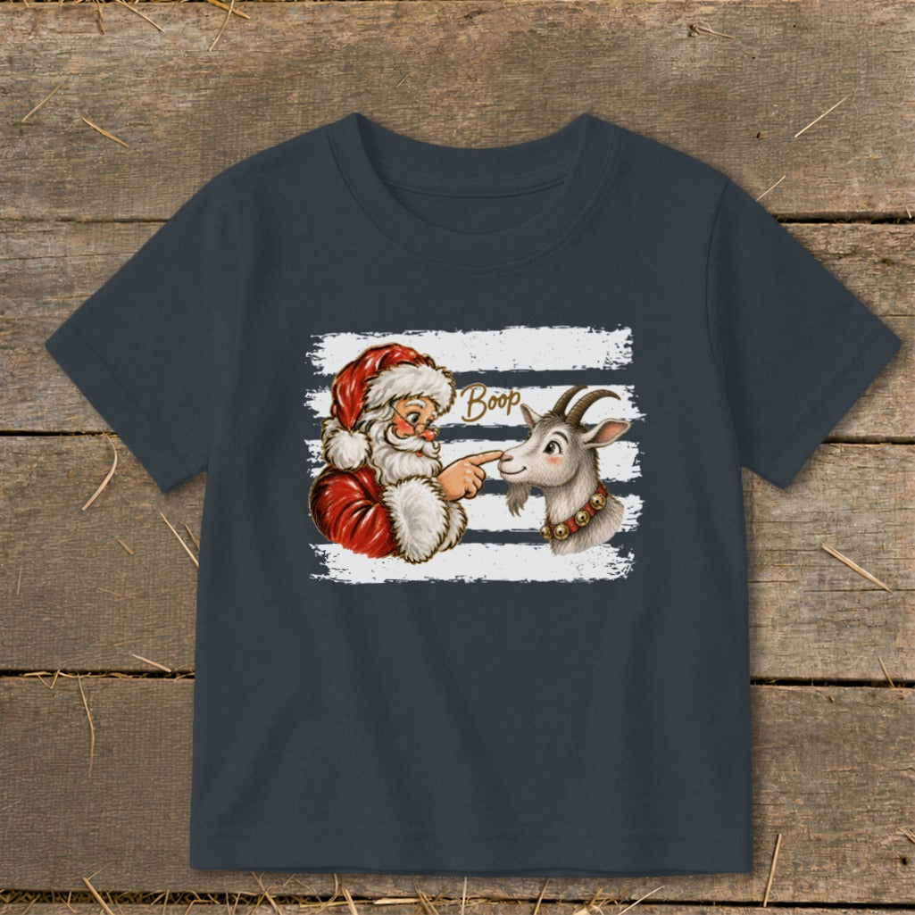 Santa Claus points to a goat with the word "Boop" between them.