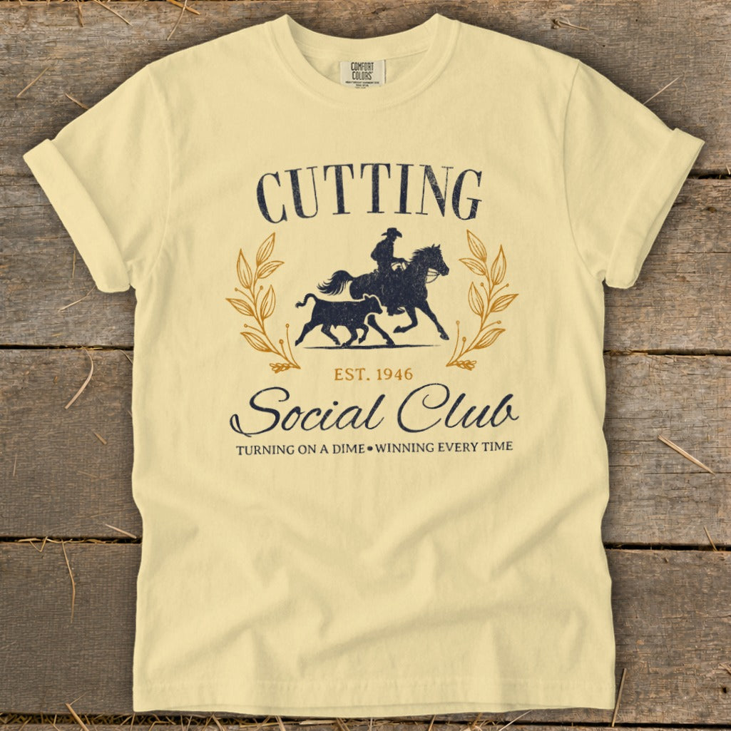 T-shirt with "Cutting Social Club EST. 1946" and cowboy and bull graphic.