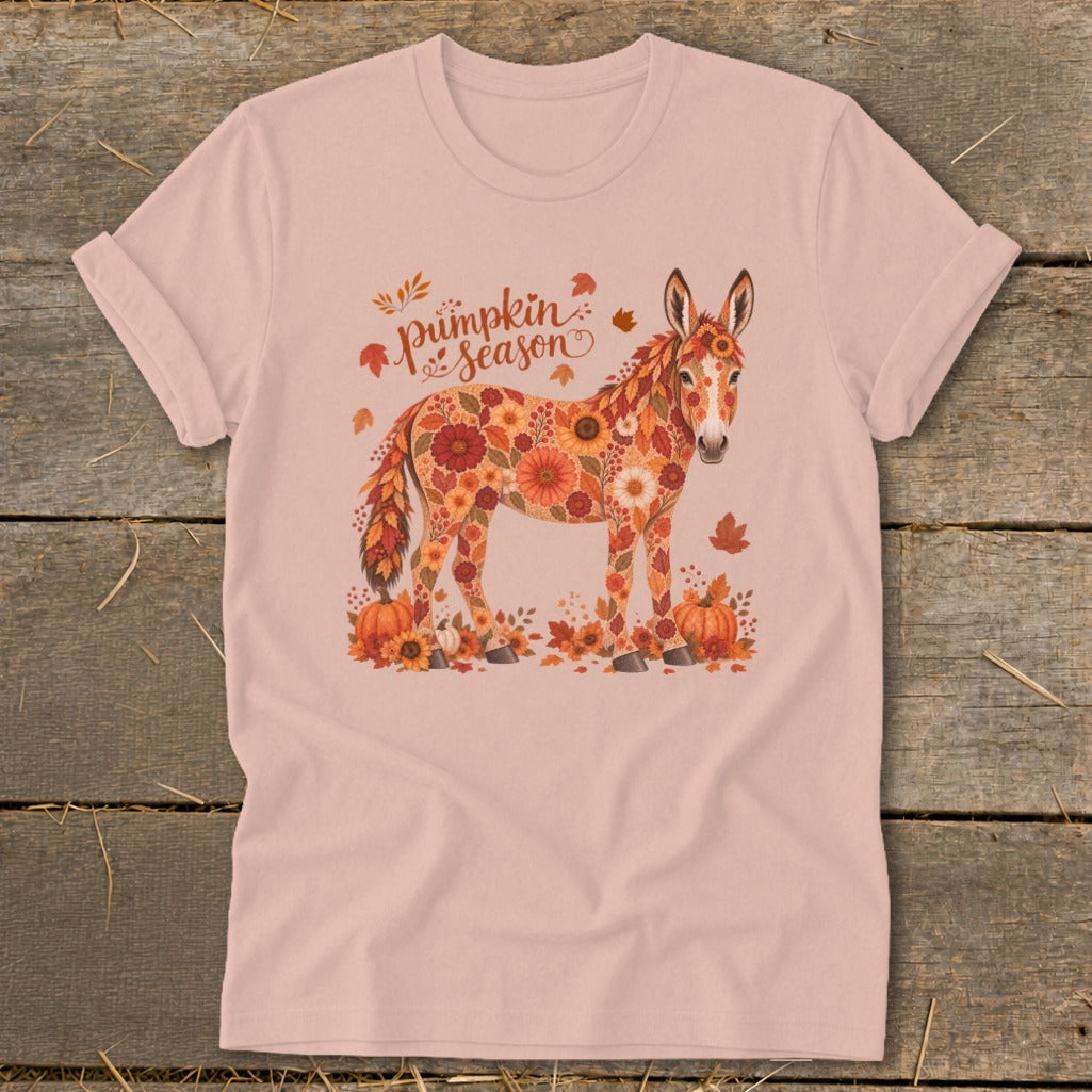 Pink t-shirt with a floral donkey graphic and "Pumpkin Season" text.