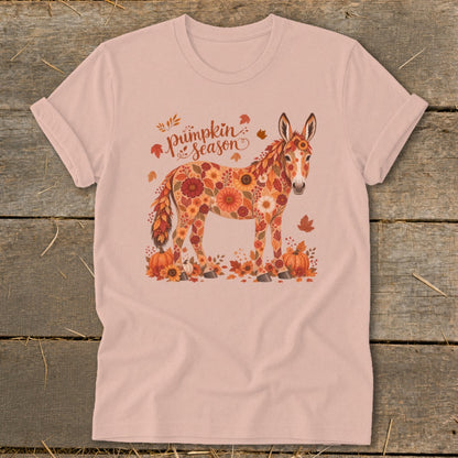 Pink t-shirt with a floral donkey graphic and "Pumpkin Season" text.