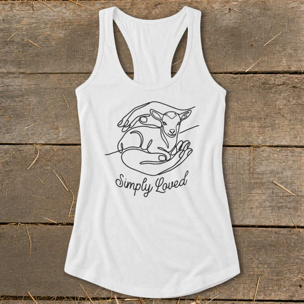 White tank top with minimalist line art of hands holding a lamb and text "Simply Loved".