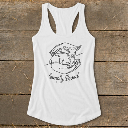 White tank top with minimalist line art of hands holding a lamb and text "Simply Loved".