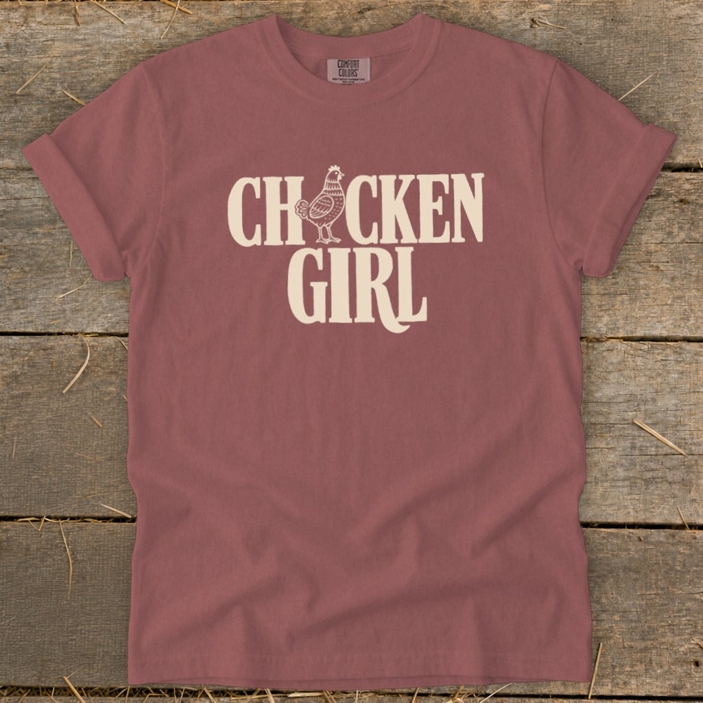 Rose t-shirt with "CHICKEN GIRL" text and chicken graphic.