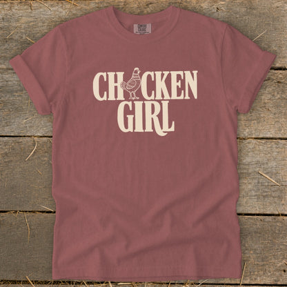 Rose t-shirt with "CHICKEN GIRL" text and chicken graphic.