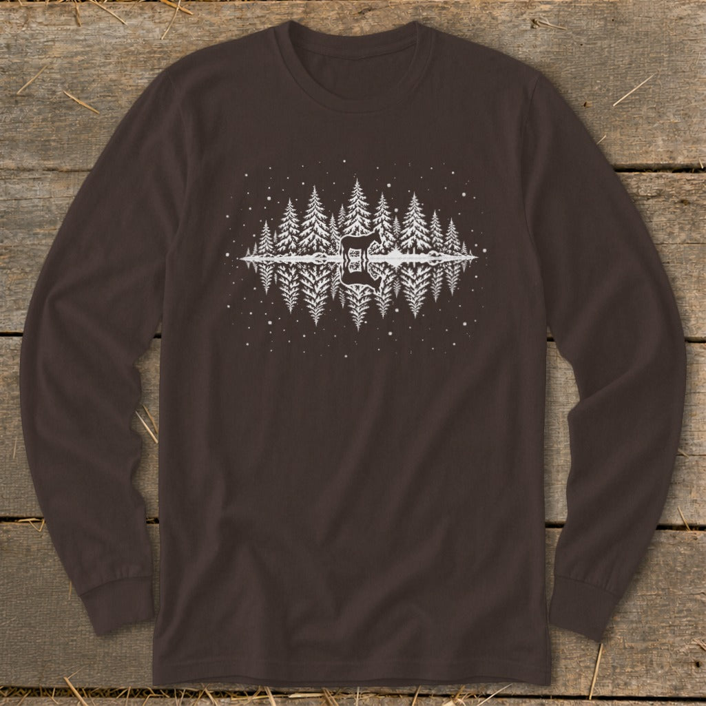 Brown long-sleeve shirt with white mirrored forest and guitar graphic.