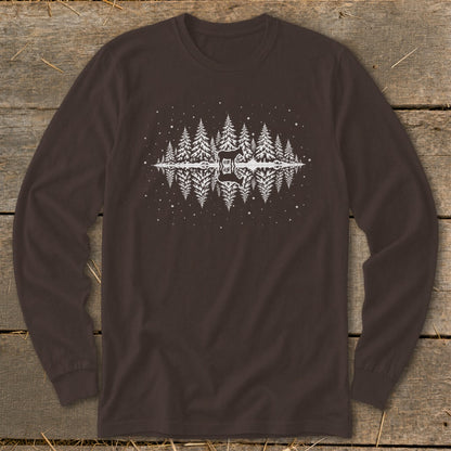 Brown long-sleeve shirt with white mirrored forest and guitar graphic.