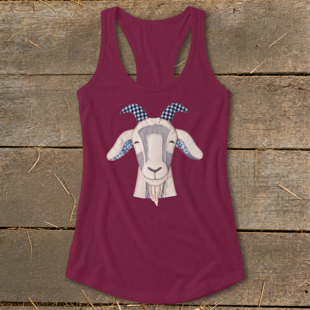 Maroon tank top with a patchwork goat head graphic.