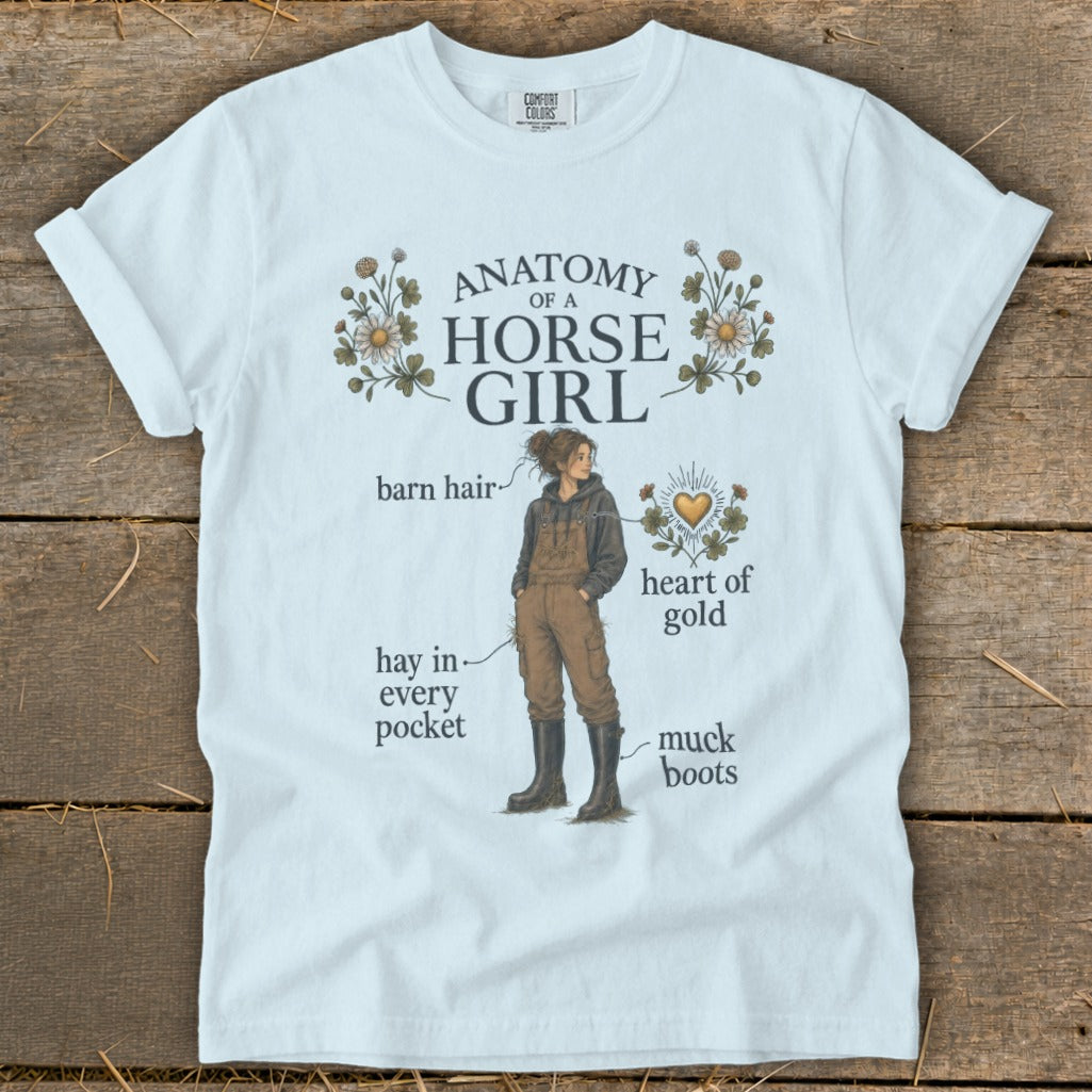 White t-shirt with "Anatomy of a Horse Girl" graphic and illustrated details.