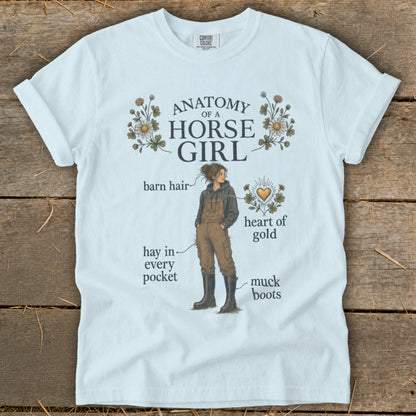 White t-shirt with "Anatomy of a Horse Girl" graphic and illustrated details.