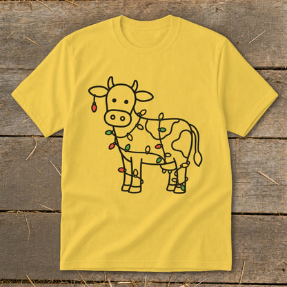 Yellow t-shirt with a black outline of a cow covered in colorful Christmas lights.