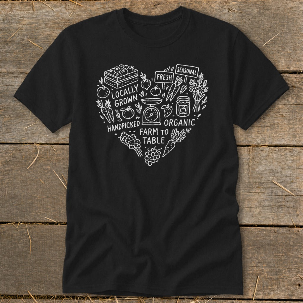 Black t-shirt with white heart design featuring farm-fresh produce and text.