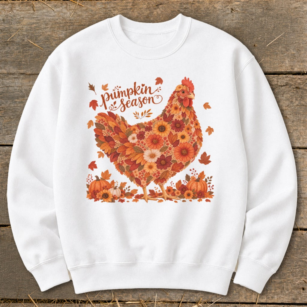White sweatshirt with a chicken made of autumn leaves and flowers, "Pumpkin Season" text.