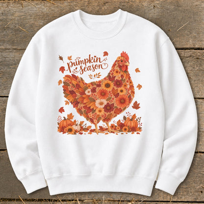 White sweatshirt with a chicken made of autumn leaves and flowers, "Pumpkin Season" text.