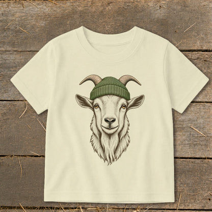 Cream t-shirt with a goat wearing a green beanie graphic on the front.