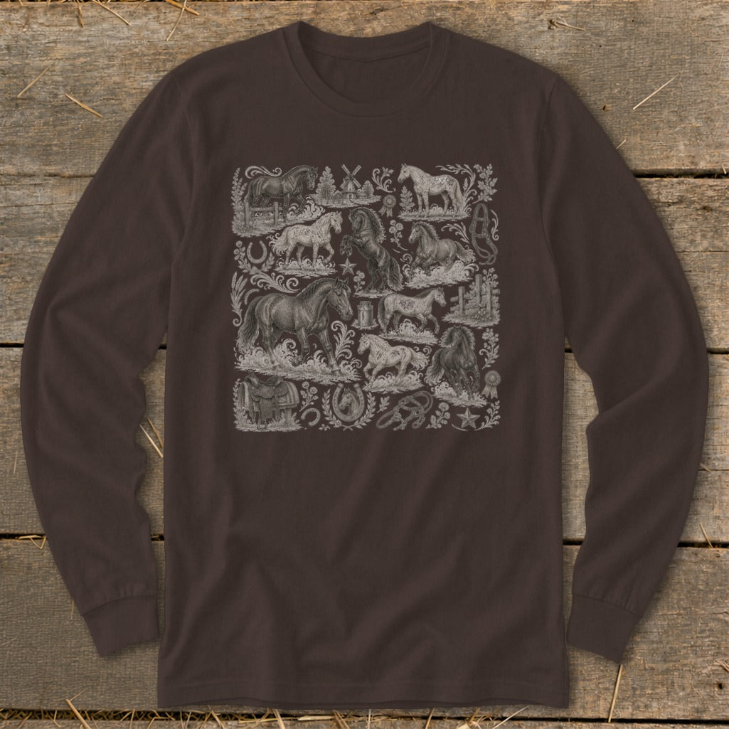 Long sleeve shirt with a vintage equestrian collage pattern featuring horses and farm elements.