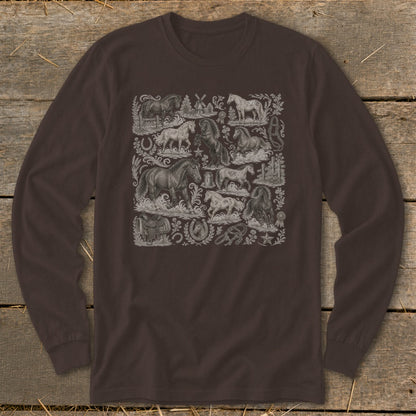 Long sleeve shirt with a vintage equestrian collage pattern featuring horses and farm elements.