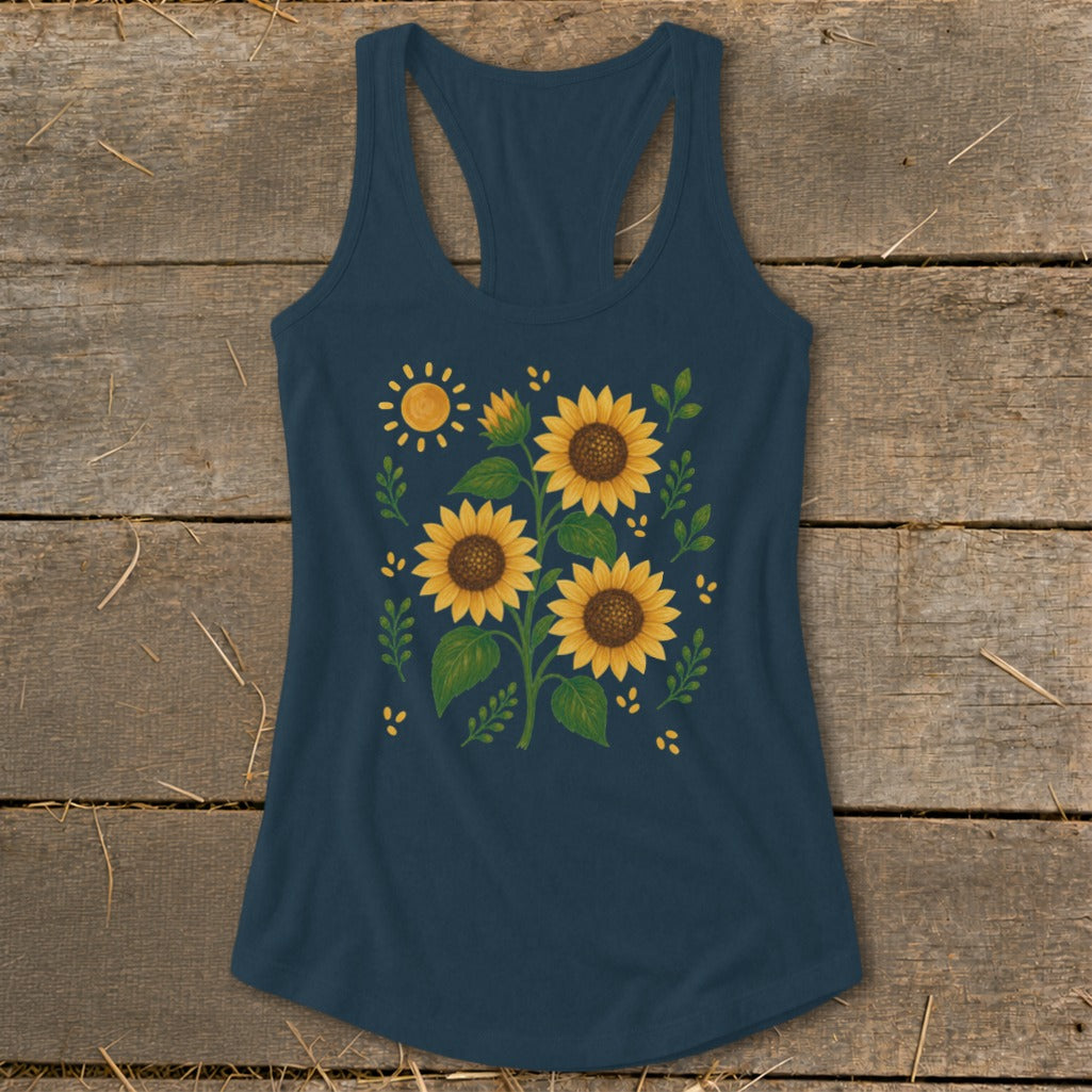 Navy racerback tank top with a watercolor sunflower and sun design.