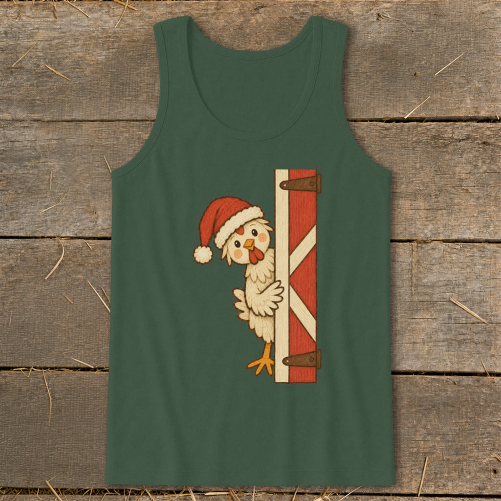 Green tank top with a cartoon chicken wearing a Santa hat peeking from a barn door.