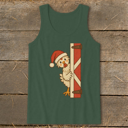 Green tank top with a cartoon chicken wearing a Santa hat peeking from a barn door.