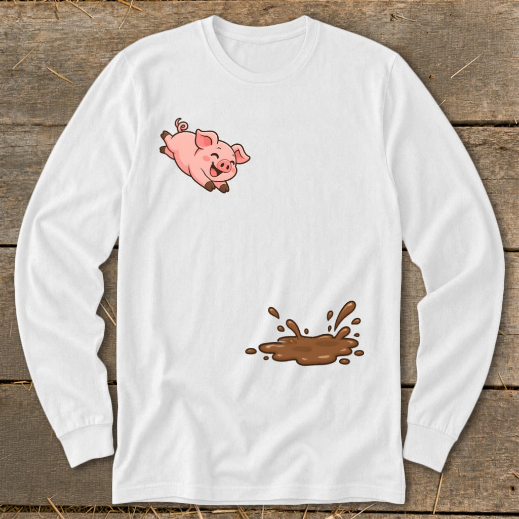 White long-sleeve shirt with a cartoon pig jumping into a mud puddle.