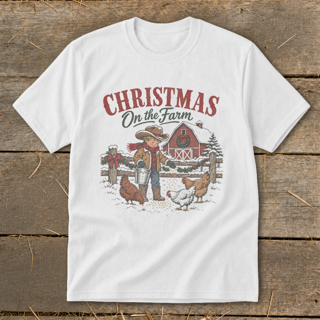 Christmas on the Farm graphic with a boy feeding chickens in front of a barn.