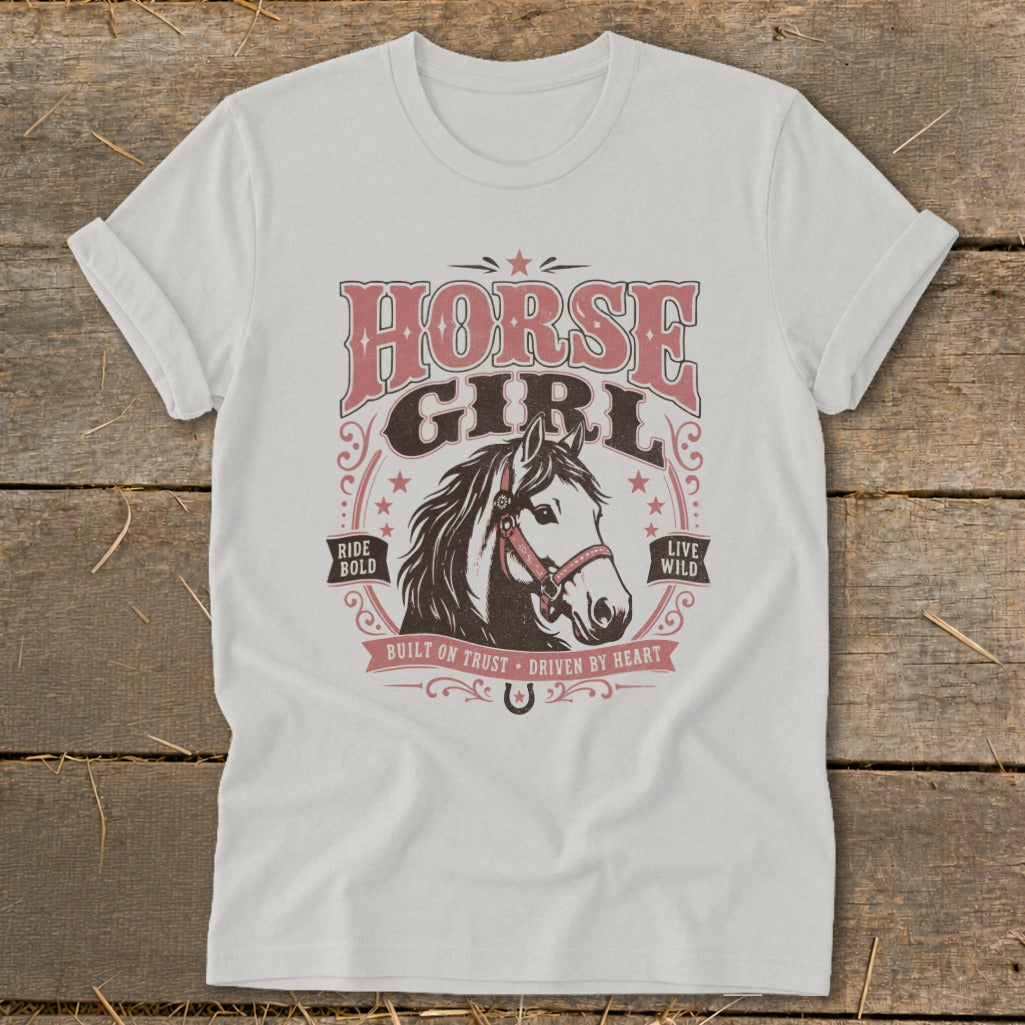White t-shirt with "HORSE GIRL" text and horse head graphic.
