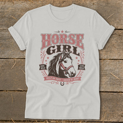 White t-shirt with "HORSE GIRL" text and horse head graphic.