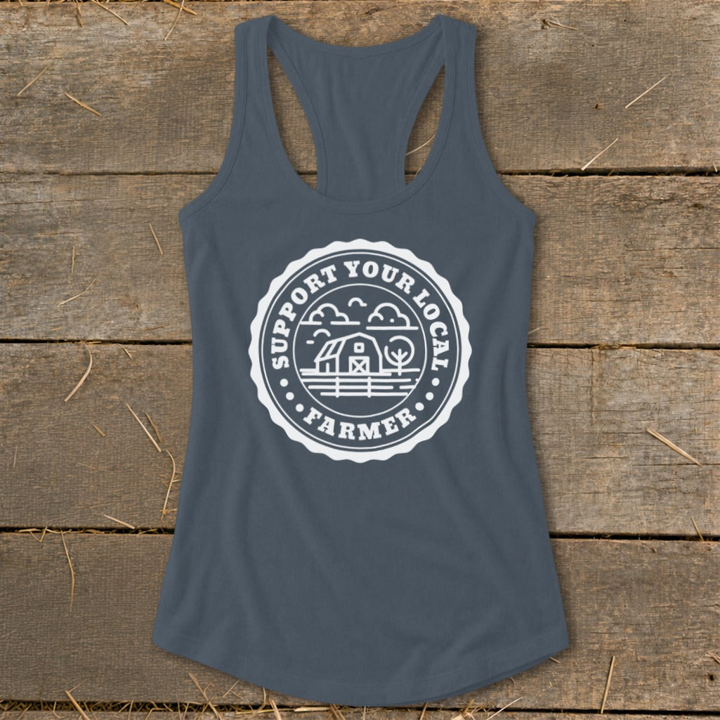 Gray tank top with white circular graphic: "SUPPORT YOUR LOCAL FARMER" and barn illustration.