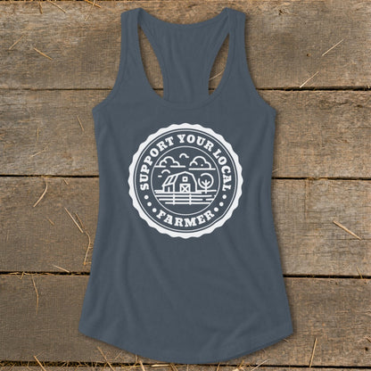 Gray tank top with white circular graphic: "SUPPORT YOUR LOCAL FARMER" and barn illustration.