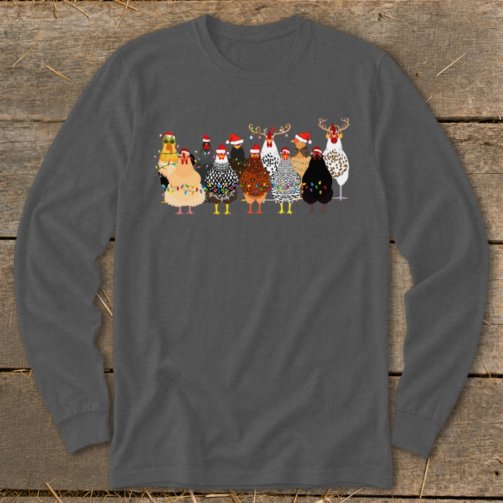 Group of chickens wearing Santa hats and Christmas lights.