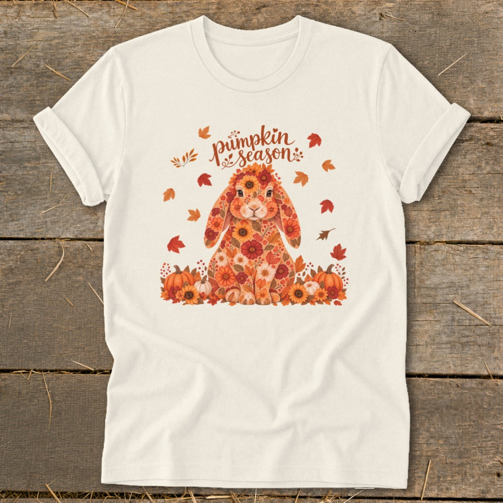 Cream t-shirt with a floral bunny, pumpkins, and "pumpkin season" text.